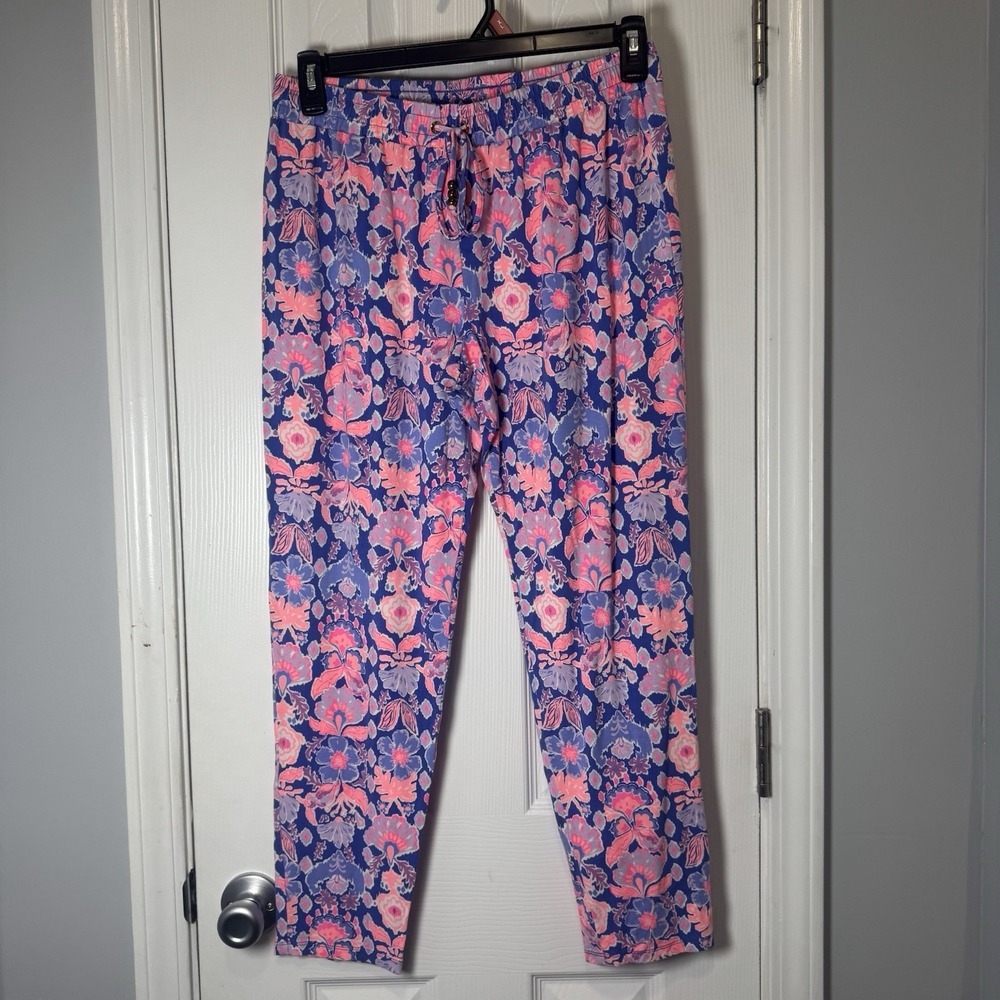 Lilly Pulitzer Pants Large L pink blue floral print pull on jogger drawstring